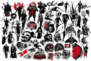 on arm, trash polka, black end red
no skulls tattoo idea