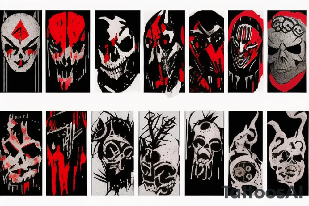 on arm, trash polka, black end red
no skulls tattoo idea