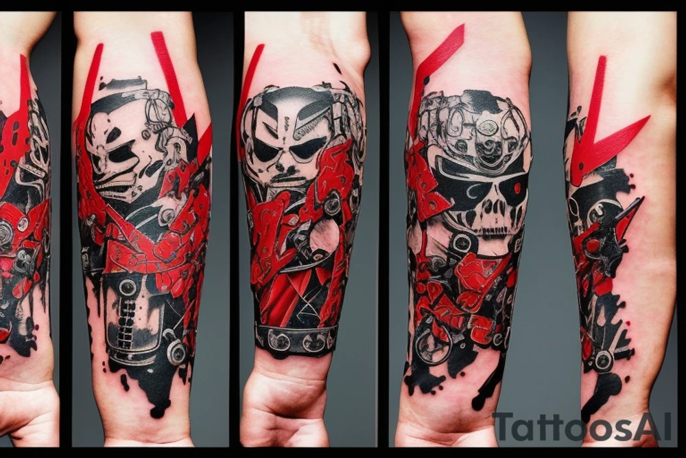 on arm, trash polka, black and red
no skulls tattoo idea