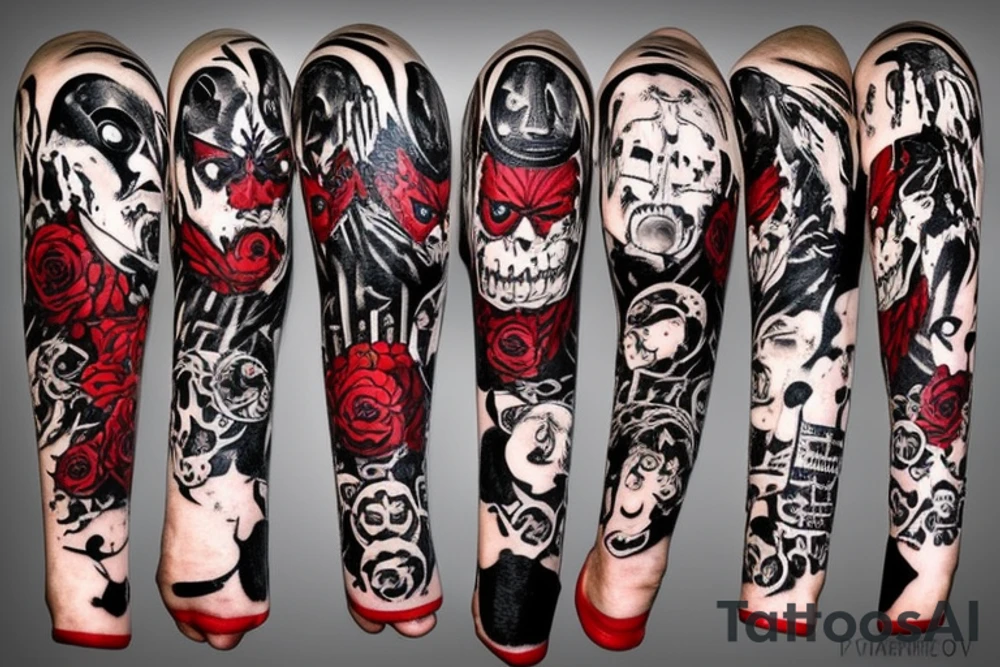 on arm, trash polka, black and red,
no skulls tattoo idea