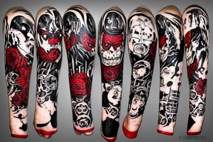 on arm, trash polka, black and red,
no skulls tattoo idea