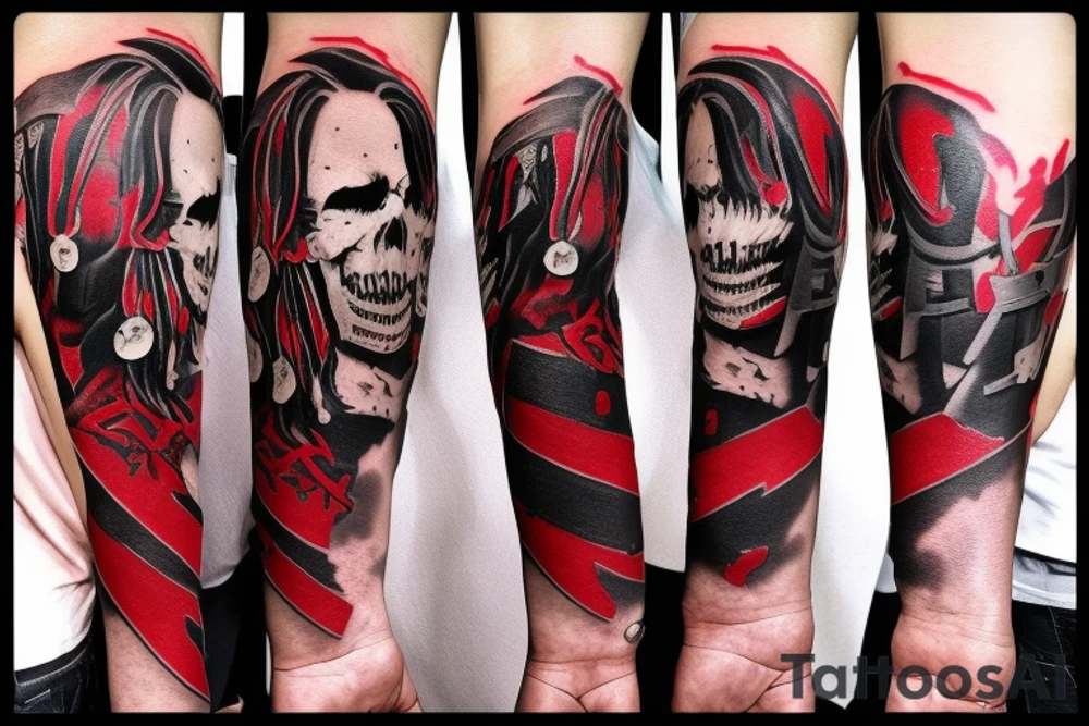 on arm, trash polka, black and red,
no skulls tattoo idea