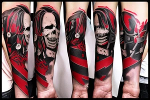 on arm, trash polka, black and red,
no skulls tattoo idea