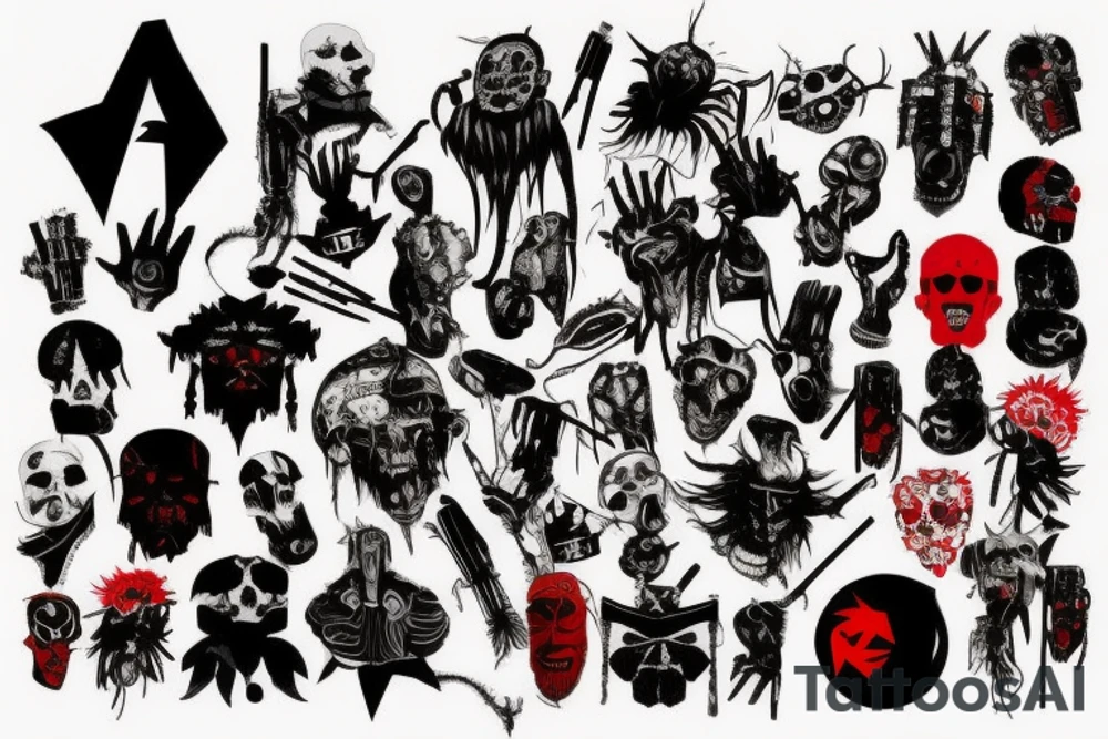 on arm, trash polka, black and red,
no skulls tattoo idea