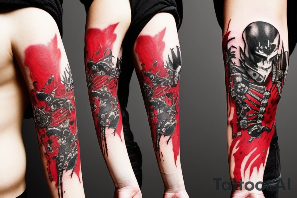 on arm, trash polka, black and red,
no skulls tattoo idea