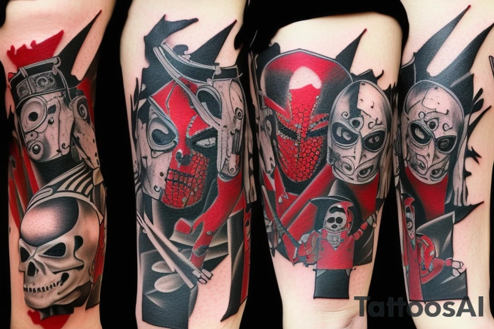 on arm, trash polka, black and red,
no skulls tattoo idea