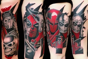 on arm, trash polka, black and red,
no skulls tattoo idea