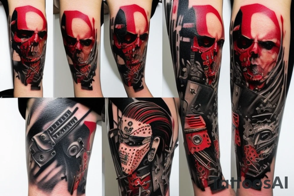 on arm, trash polka, black and red,
no skulls tattoo idea