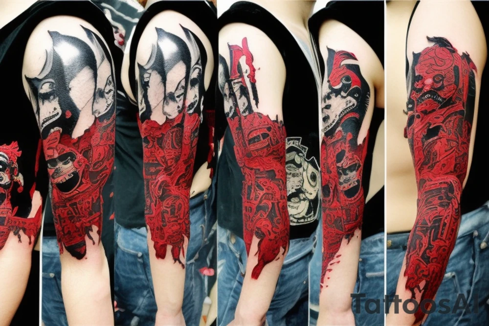 on arm, trash polka, black and red,
no skulls tattoo idea