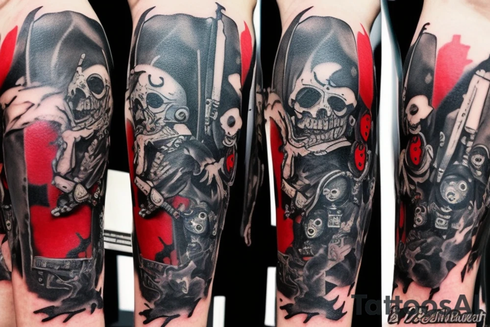 on arm, trash polka, black and red,
no skulls tattoo idea