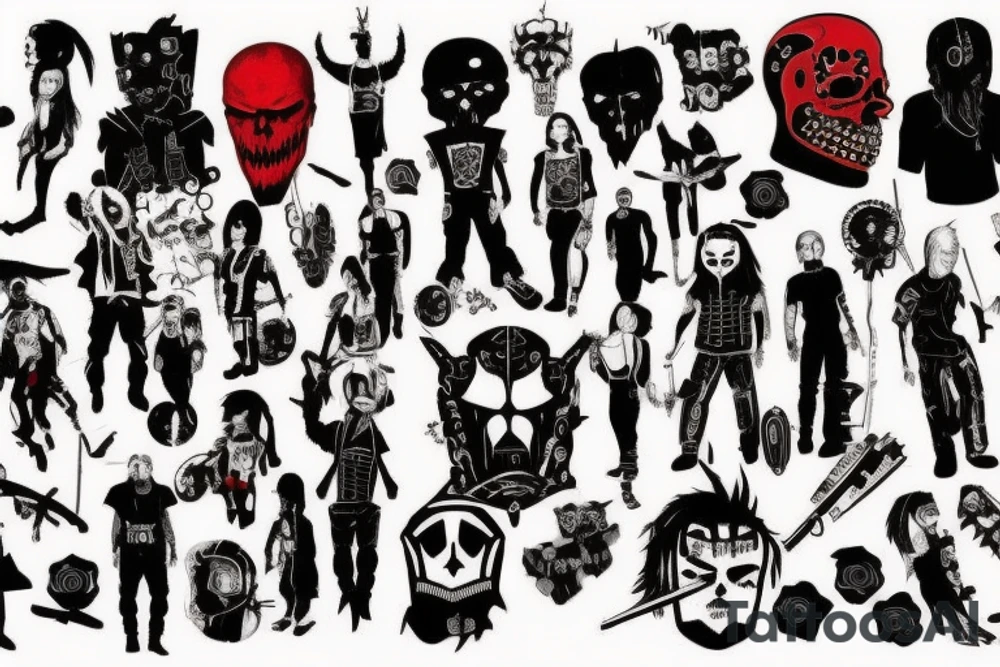 on arm, trash polka, black and red,
no skulls tattoo idea