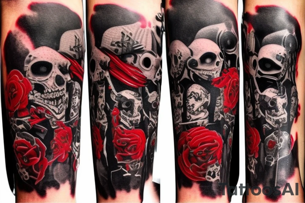 on arm, trash polka, black and red,
no skulls tattoo idea