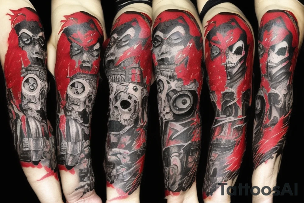 on arm, trash polka, black and red,
no skulls tattoo idea