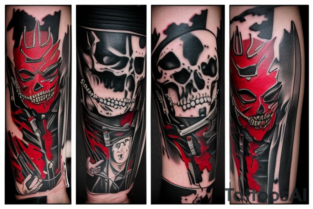 on arm, trash polka, black and red,
no skulls tattoo idea