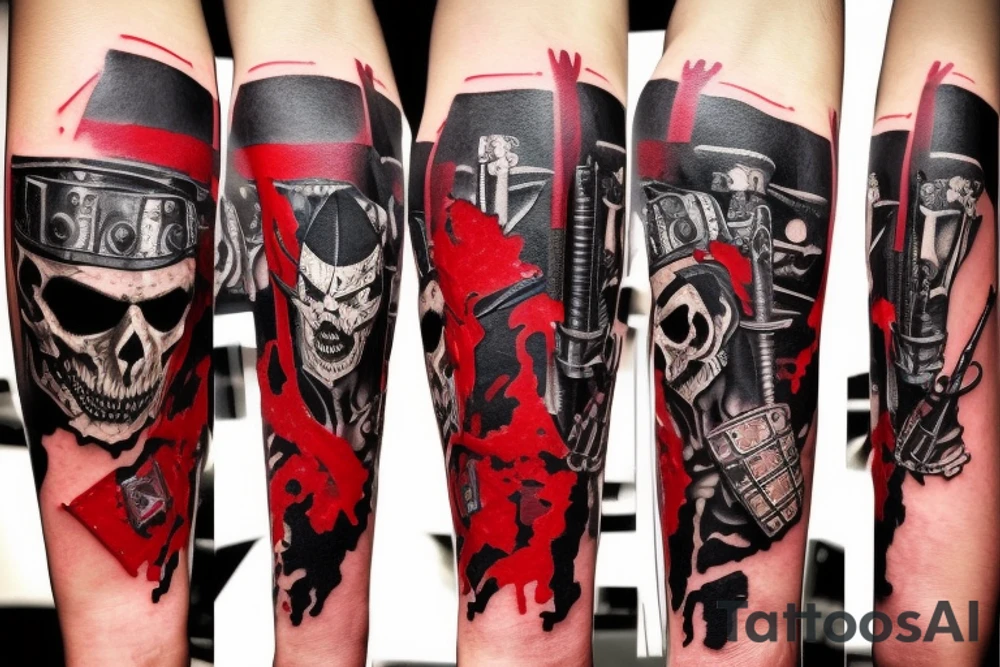 on arm, trash polka, black and red,
no skulls tattoo idea