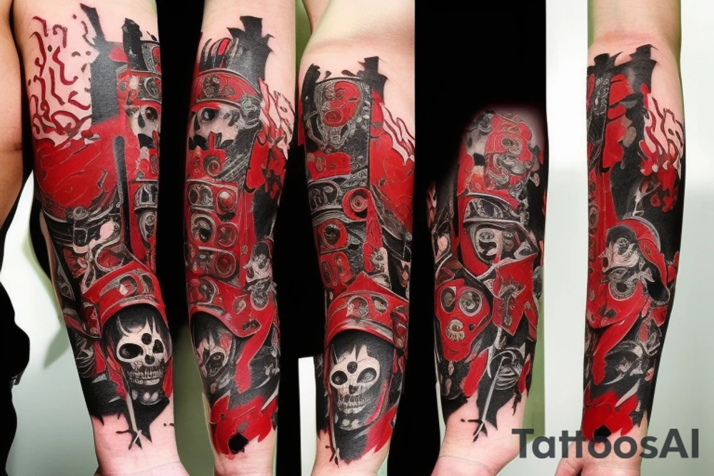 on arm, trash polka, black and red,
no skulls tattoo idea