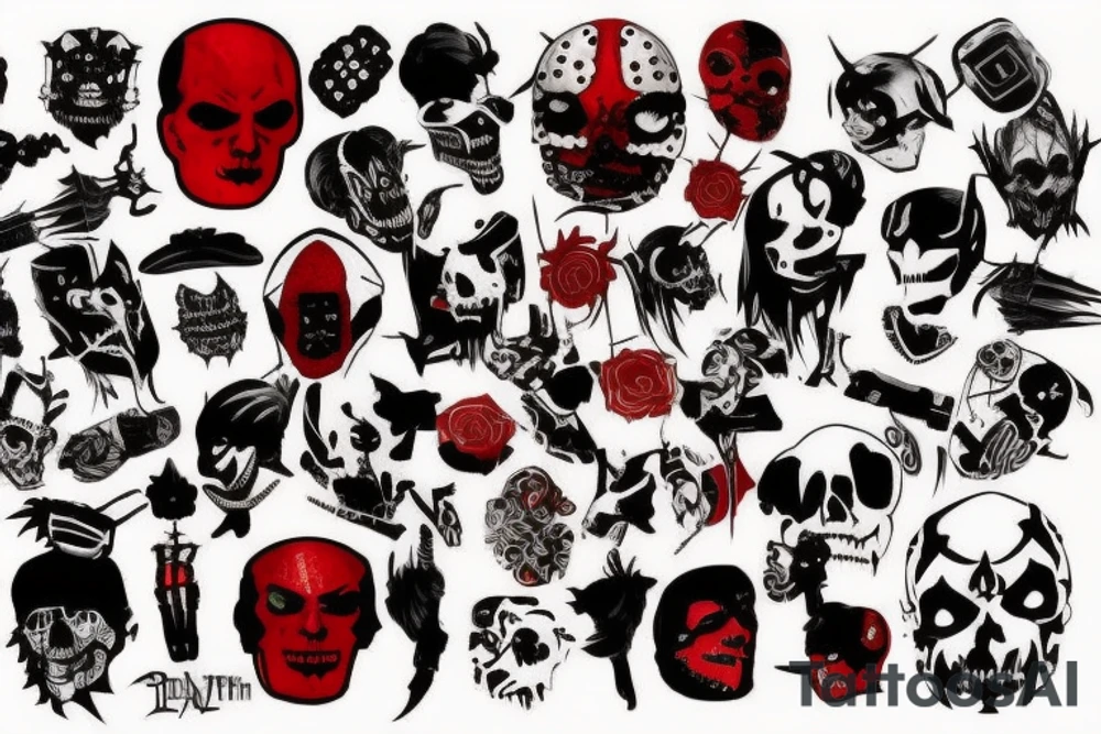 on arm, trash polka, black and red,
no skulls tattoo idea