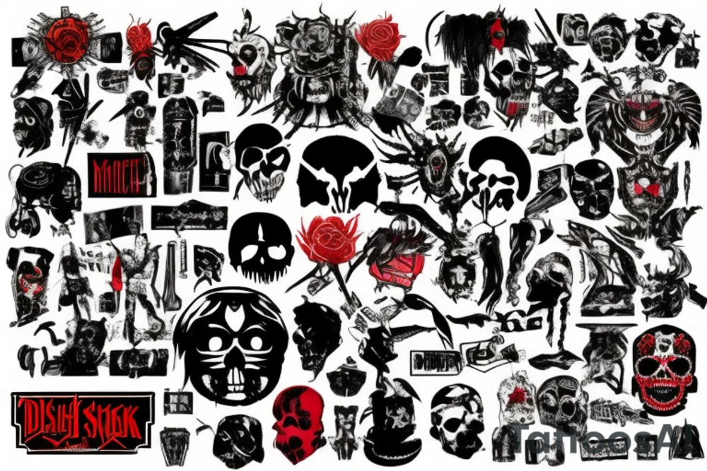 on arm, trash polka, black and red,
no skulls tattoo idea