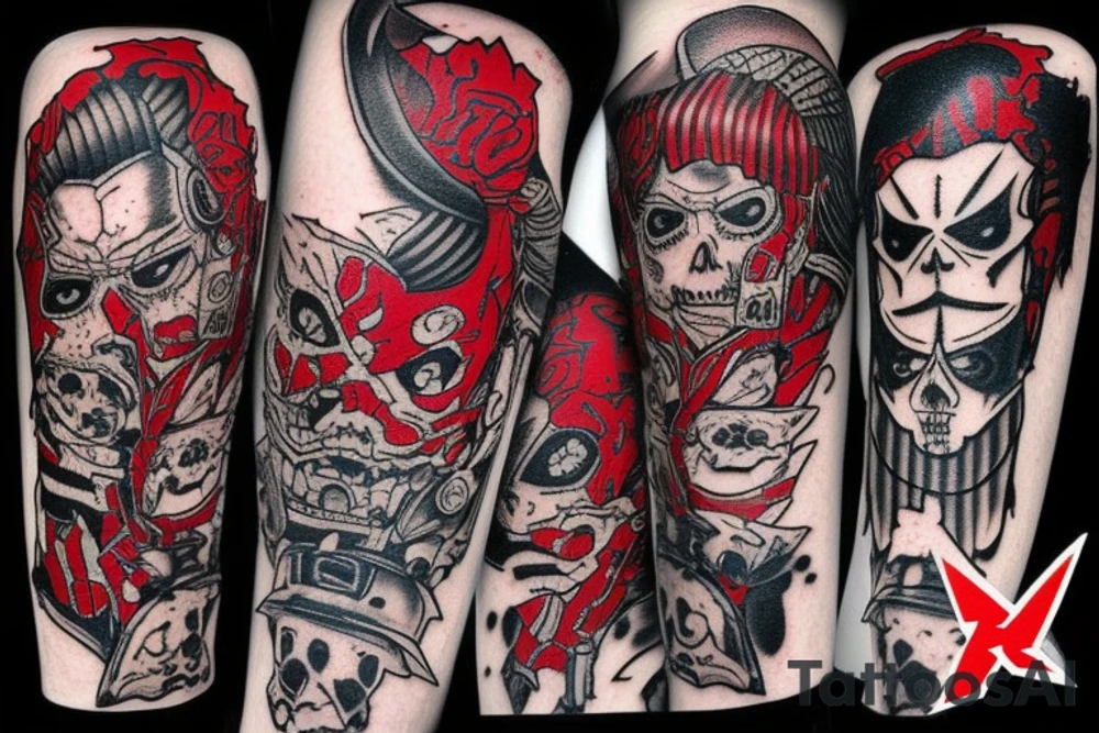 on arm, trash polka, black and red,
no skulls tattoo idea