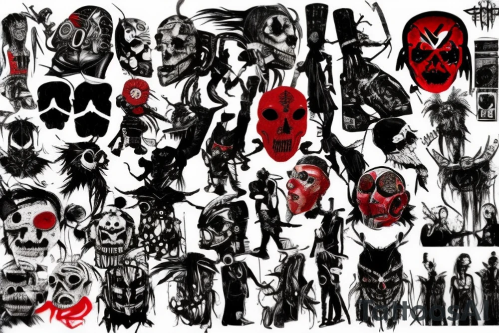 on arm, trash polka, black and red,
no skulls tattoo idea