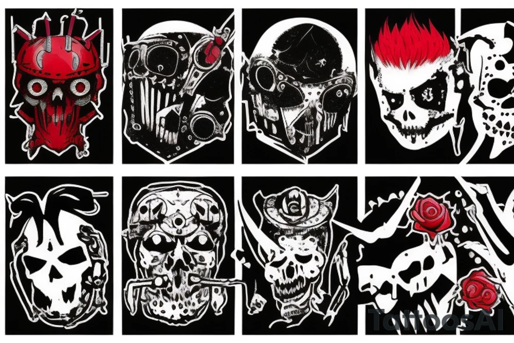 on arm, trash polka, black and red,
no skulls tattoo idea
