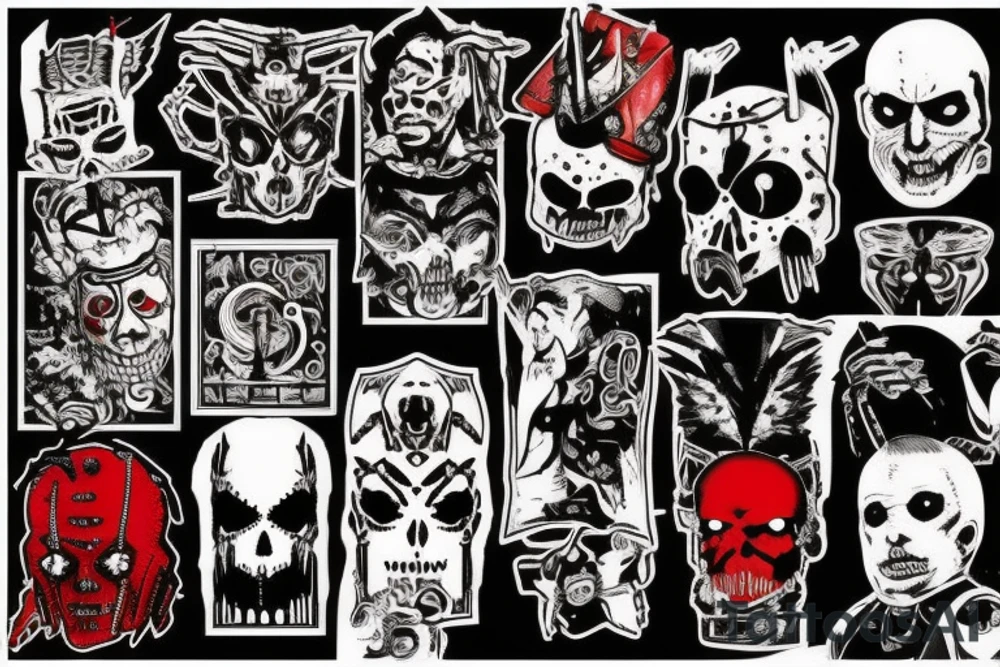 on arm, trash polka, black and red,
no skulls tattoo idea