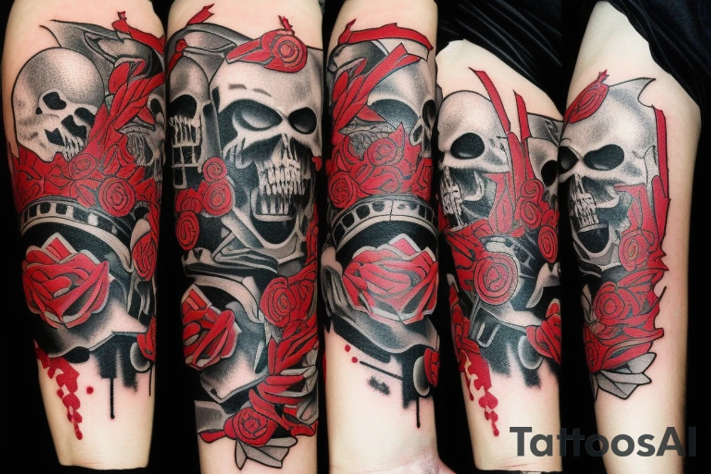 on arm, trash polka, black and red,
no skulls tattoo idea