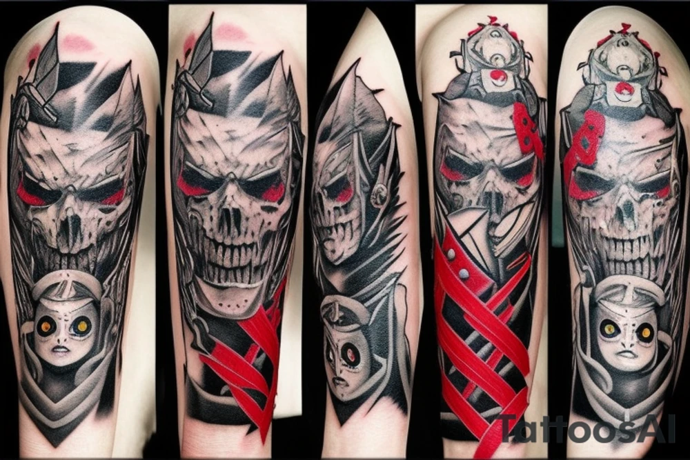 on arm, trash polka, black and red,
no skulls tattoo idea