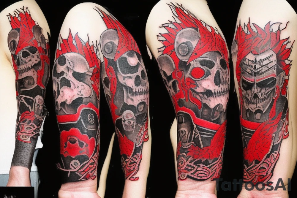 on arm, trash polka, black and red,
no skulls tattoo idea