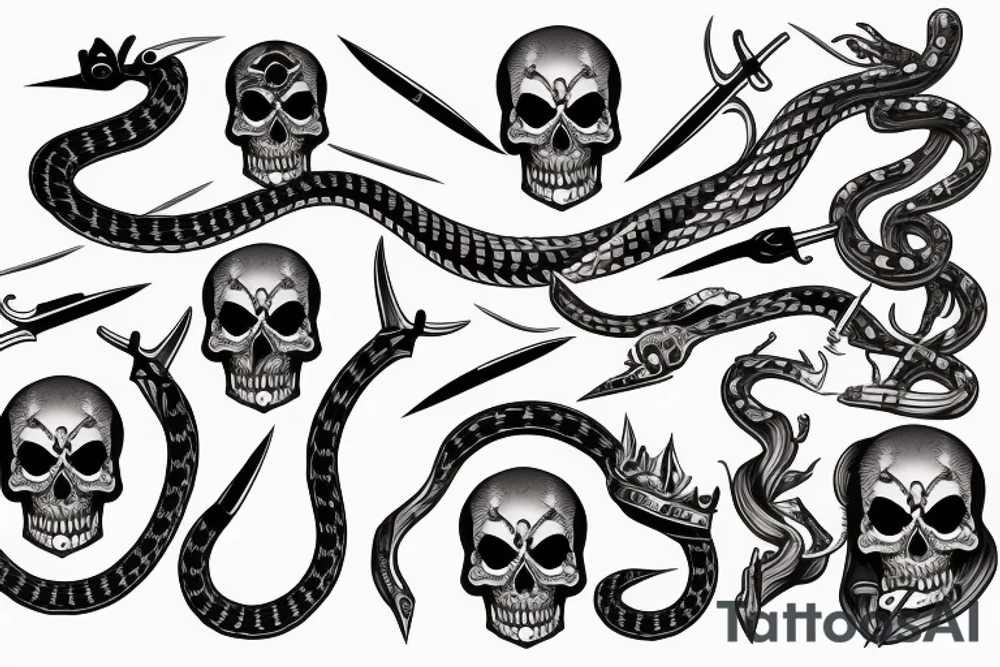 American traditional skull and daggers with snake tattoo idea