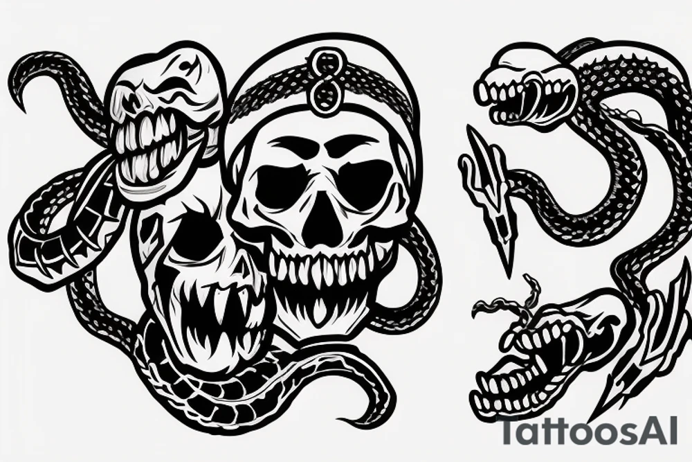 American traditional skull and daggers with snake coming out the mouth tattoo idea