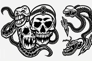 American traditional skull and daggers with snake coming out the mouth tattoo idea