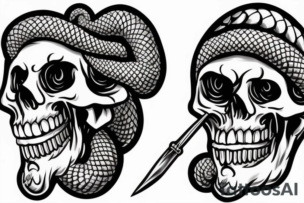 American traditional skull and daggers with snake coming out the mouth tattoo idea