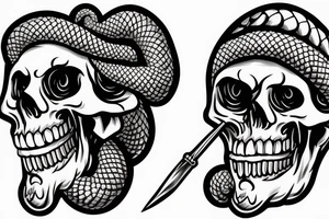 American traditional skull and daggers with snake coming out the mouth tattoo idea