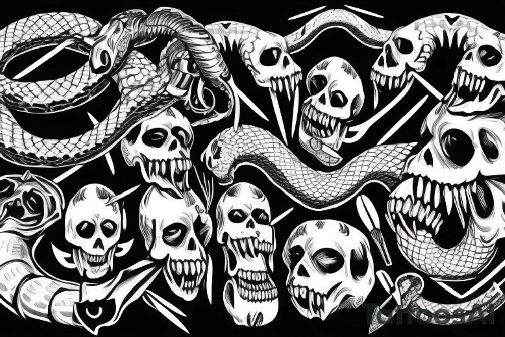American traditional skull and daggers with snake coming out the mouth tattoo idea