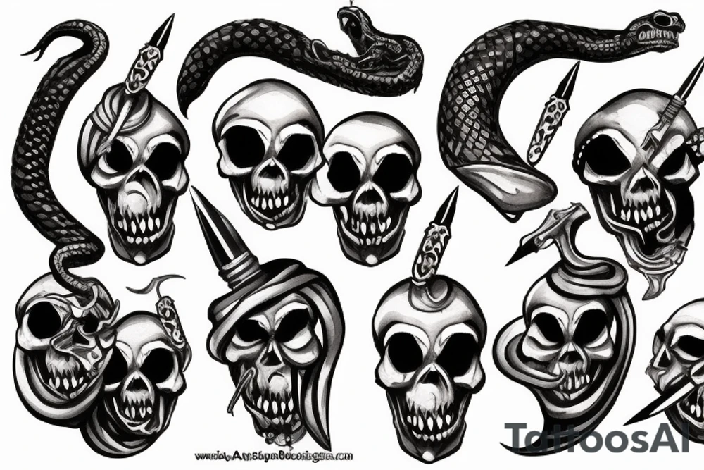 American traditional skull and daggers with snake coming out the mouth tattoo idea