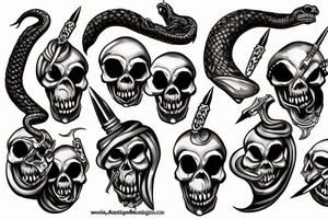 American traditional skull and daggers with snake coming out the mouth tattoo idea