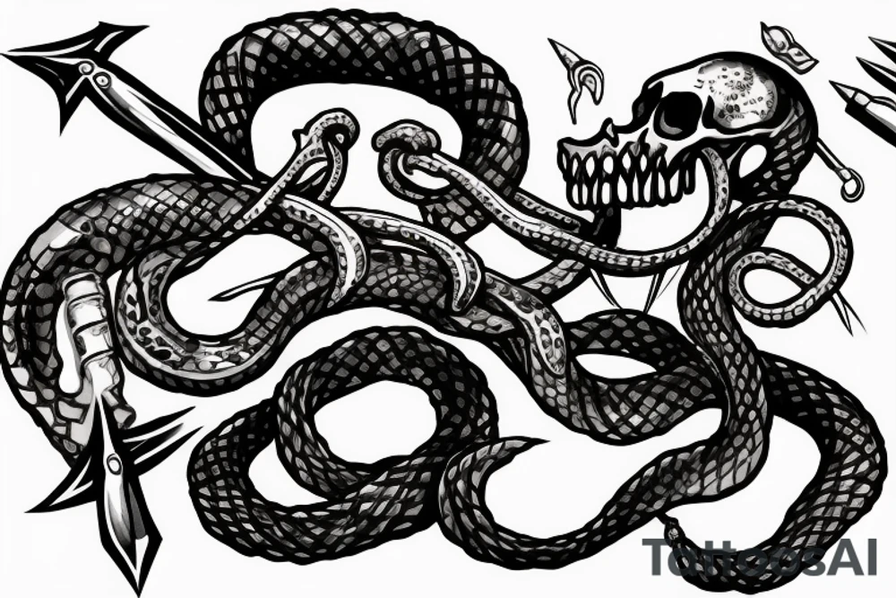 American traditional skull and daggers with snake coming out the mouth tattoo idea
