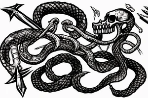 American traditional skull and daggers with snake coming out the mouth tattoo idea