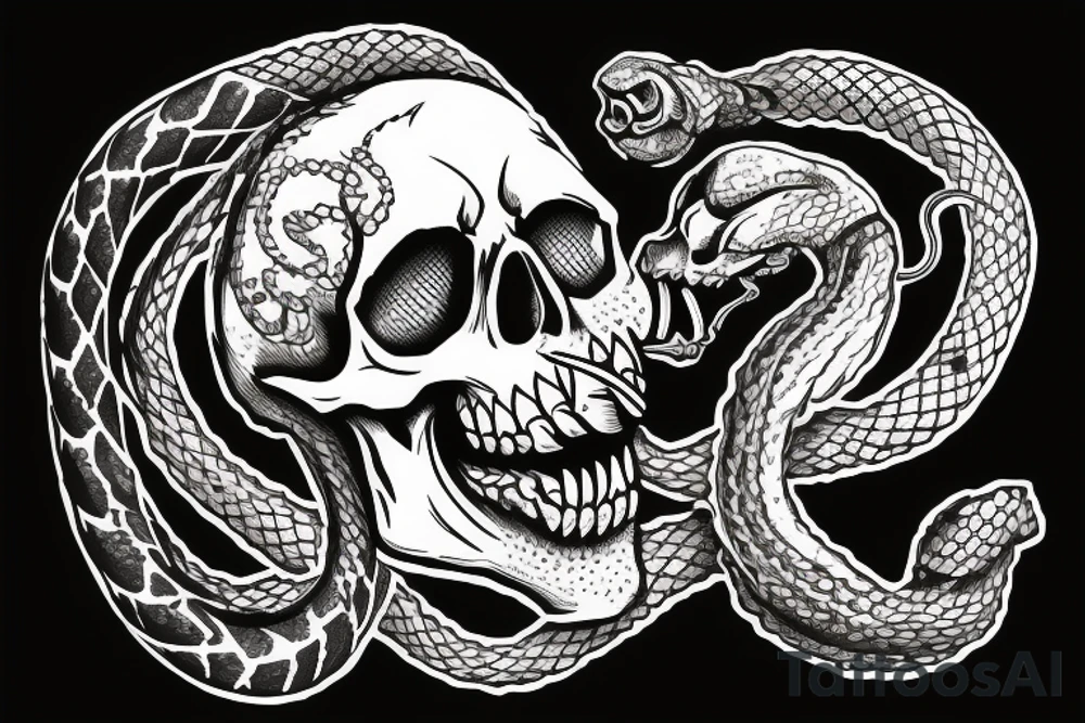 American traditional skull and daggers with snake coming out the mouth tattoo idea
