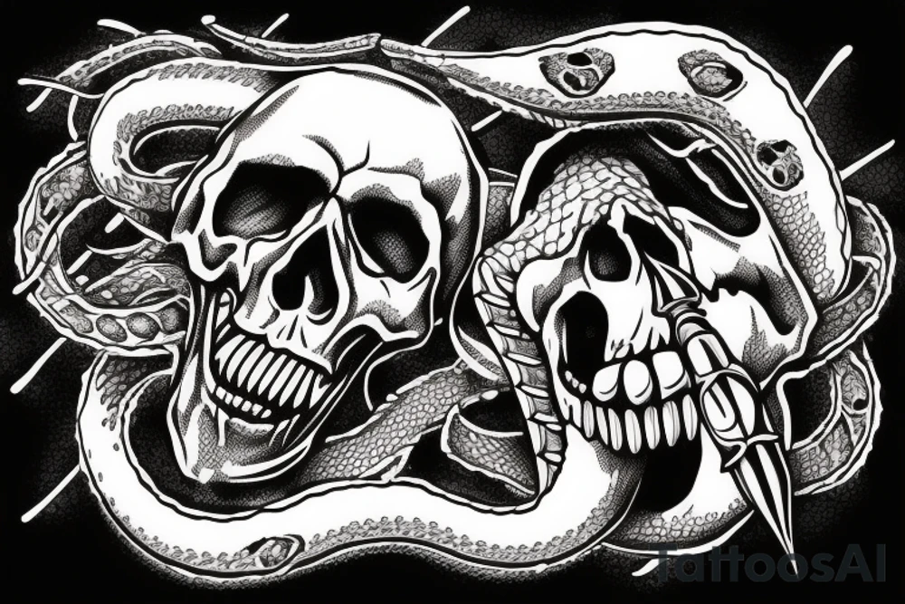 American traditional skull and daggers with snake coming out the mouth tattoo idea
