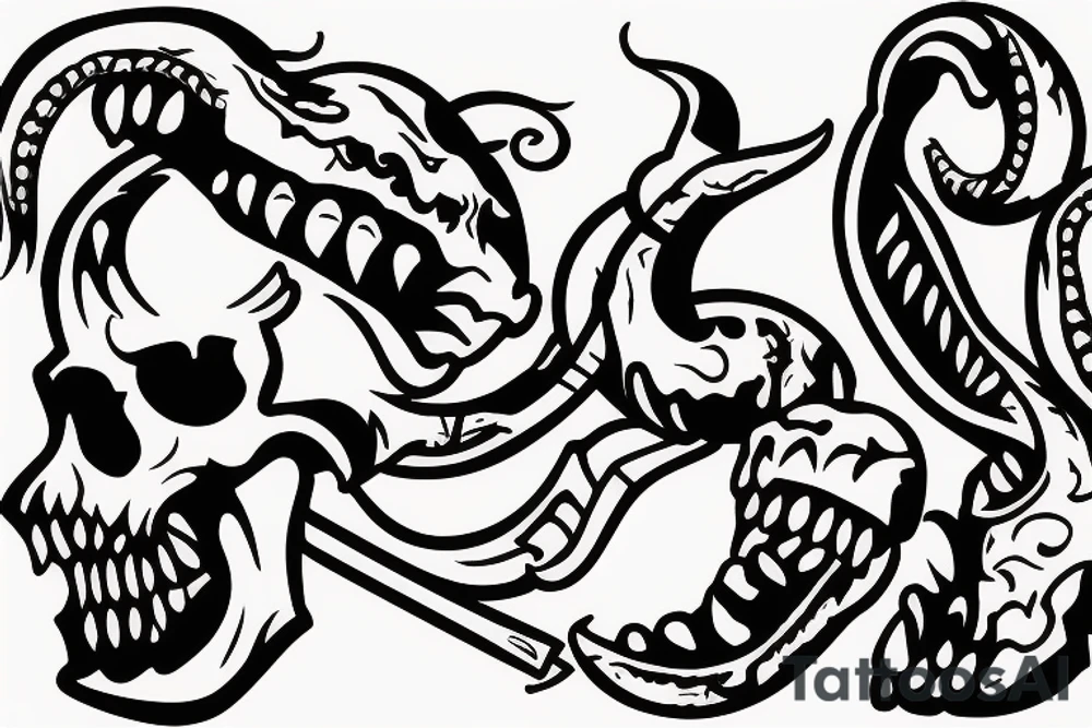 American traditional skull and daggers with snake coming out the mouth tattoo idea