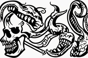American traditional skull and daggers with snake coming out the mouth tattoo idea