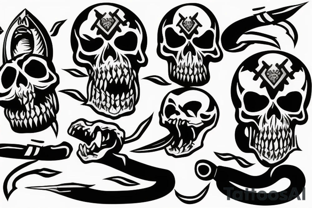 American traditional skull and daggers with snake coming out the mouth tattoo idea