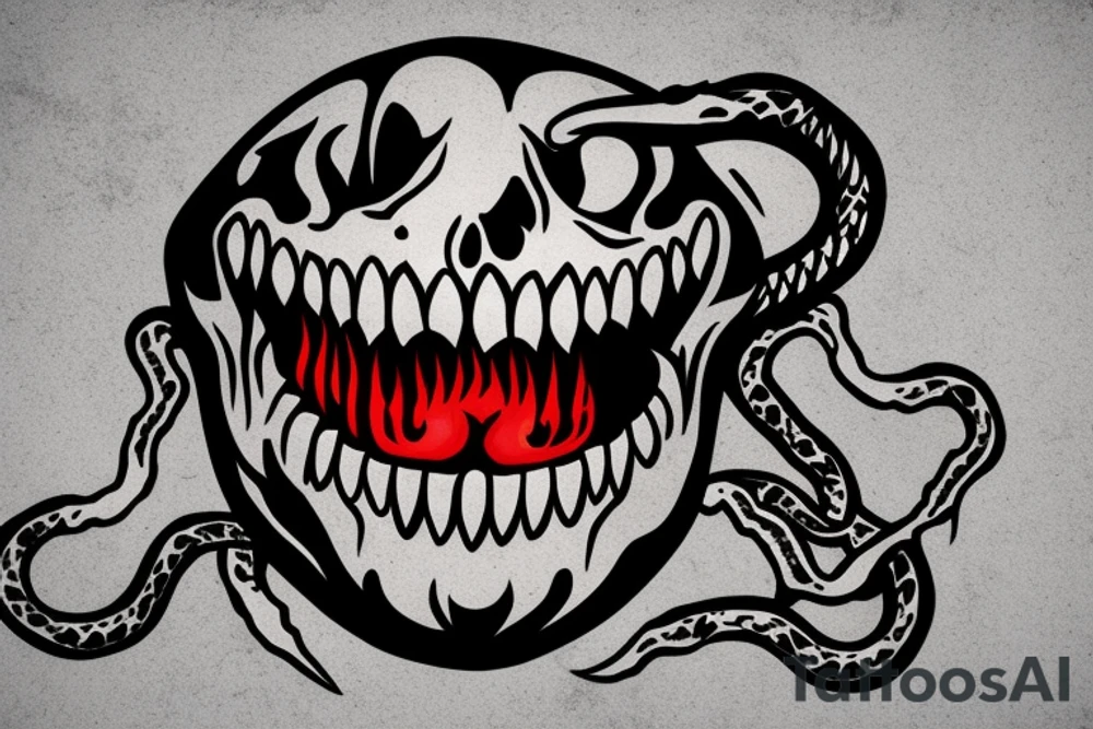 American traditional skull and daggers with snake coming out the mouth tattoo idea