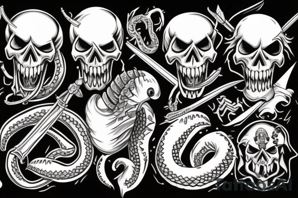 American traditional skull and daggers with snake coming out the mouth tattoo idea