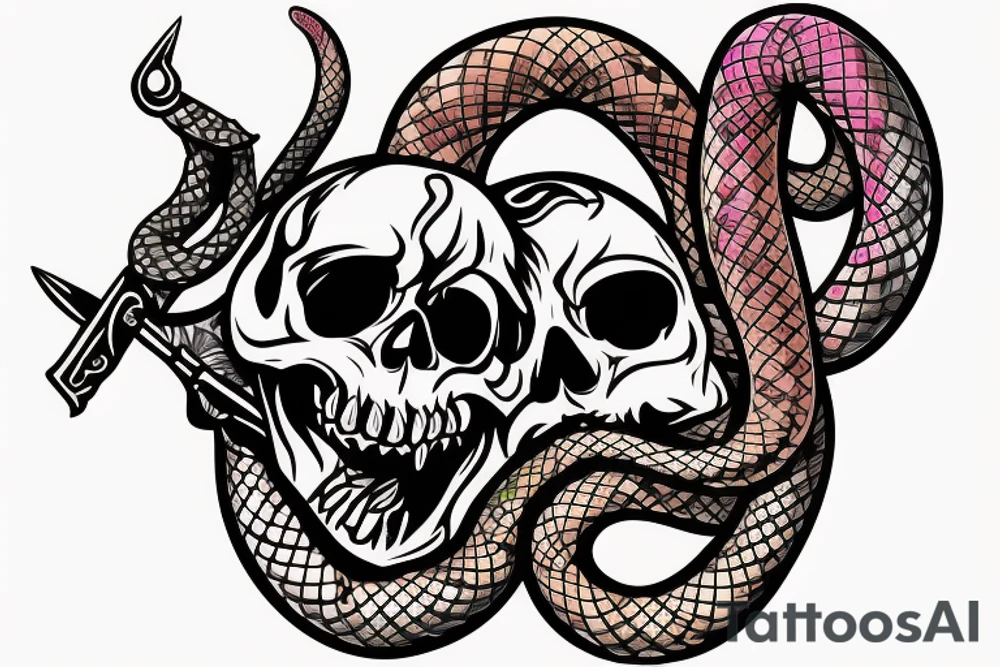 Colored skull and daggers with snake coming out the mouth tattoo idea