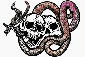 Colored skull and daggers with snake coming out the mouth tattoo idea