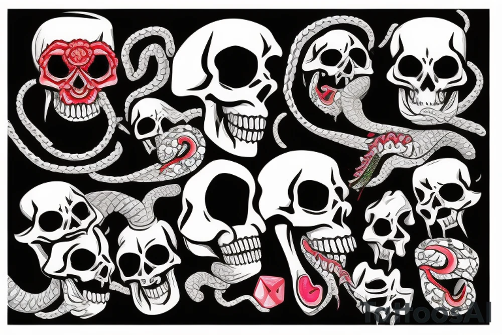 Colored skull and daggers with snake coming out the mouth tattoo idea