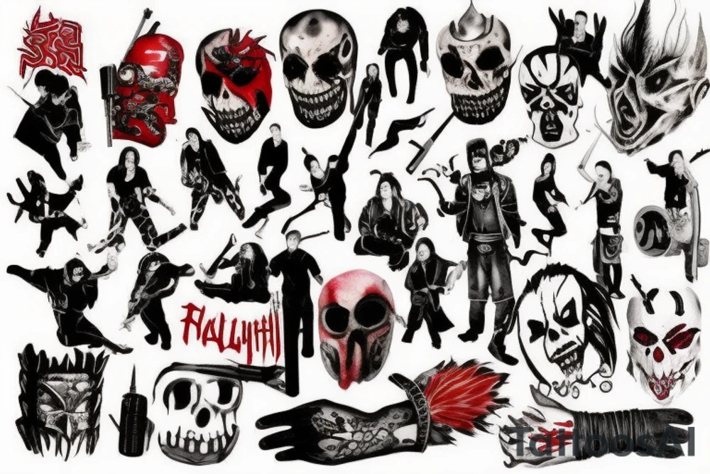 on full arm, trash polka + japanese, black end red
no skulls tattoo idea